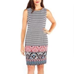 MARIO SERRANI Black Geometric Floral Shift Midi Dress Sleeveless Modern Boho 2